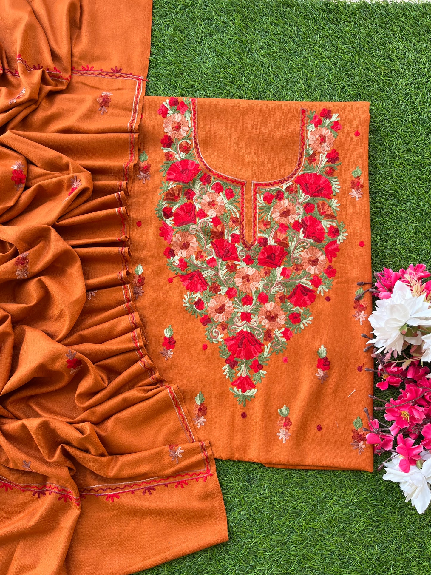 Orange Woollen Aari Embroidered 3pc suit