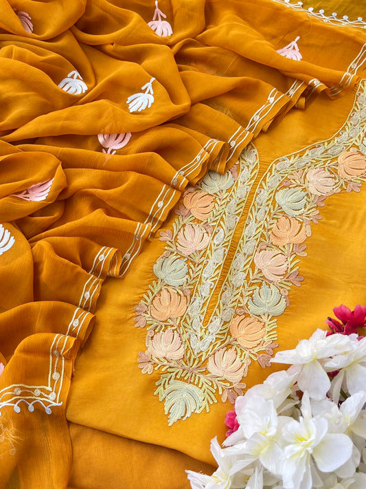 Mustard Opada Silk Aari Embroidered Suit material