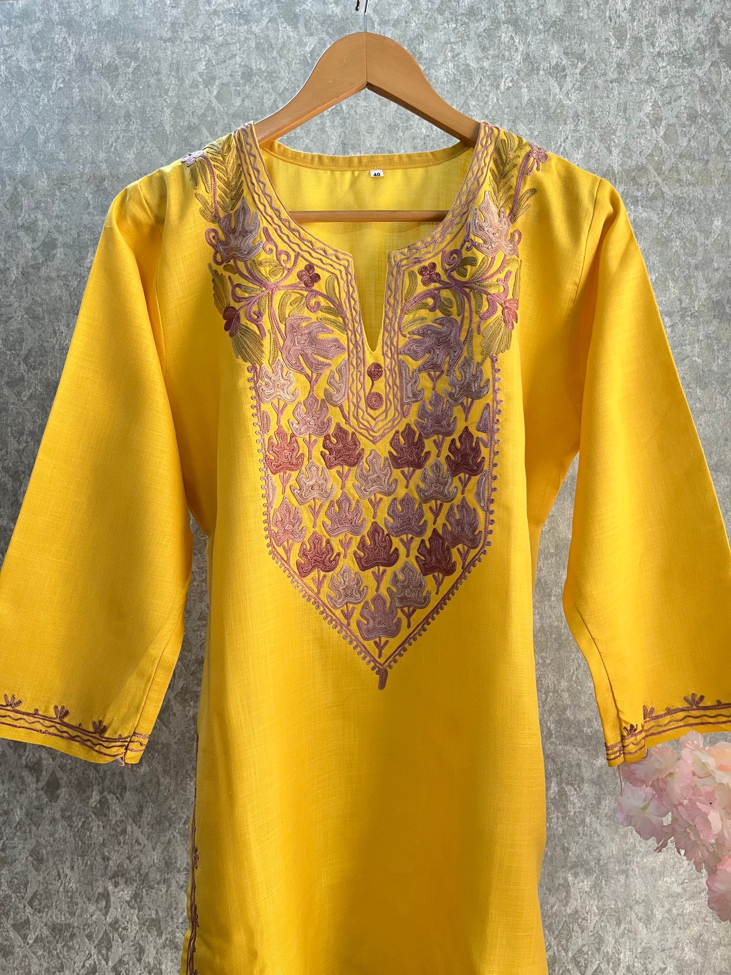 Yellow Cotton Aari Work Kurta