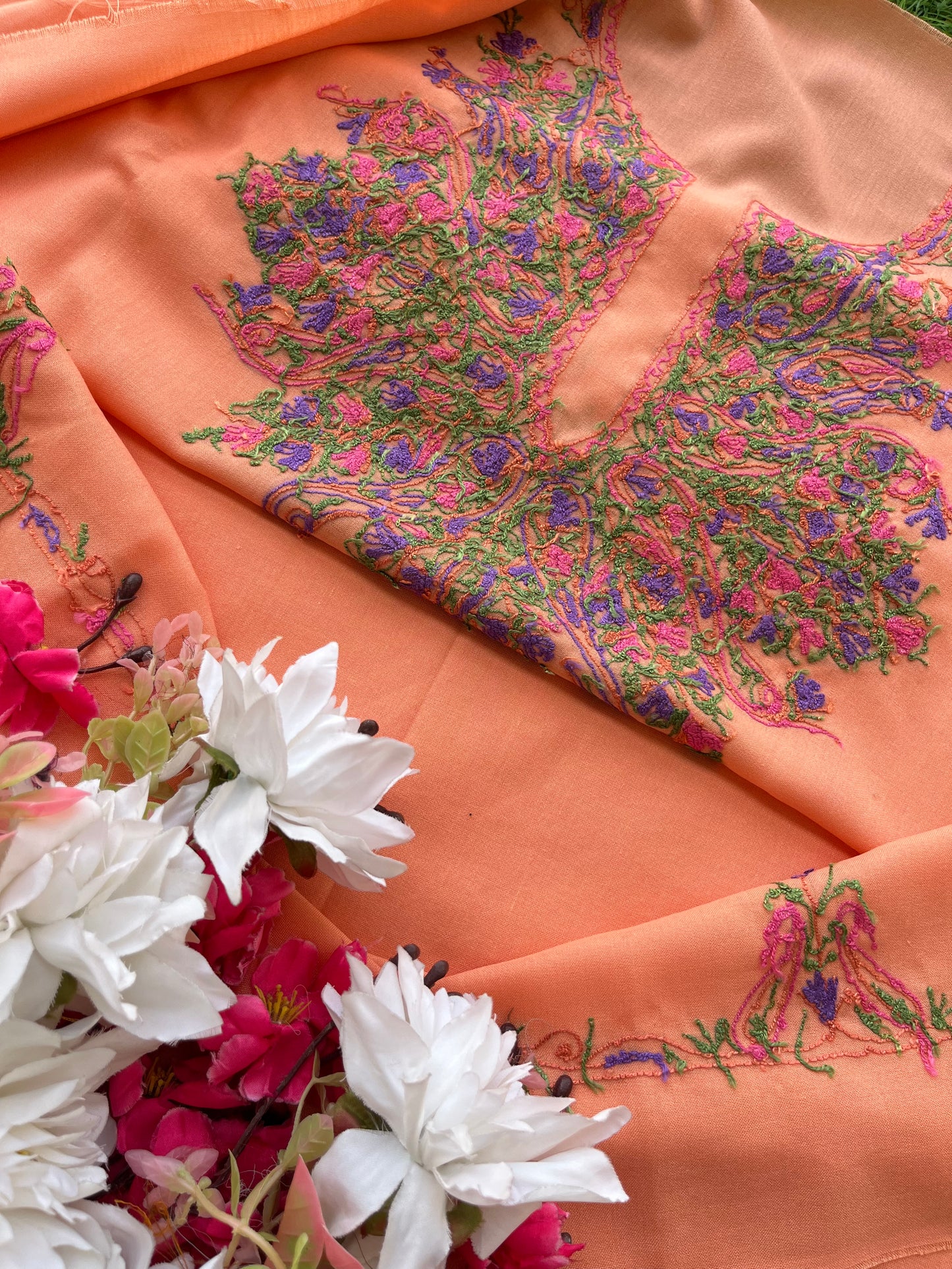 Peach Green Cotton Two Piece Suit(Hand Embroidered)