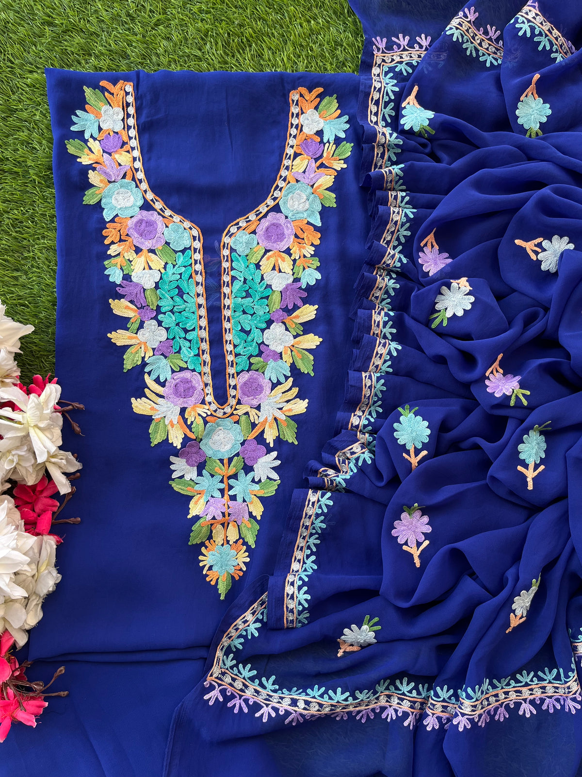 Georgette Electric Blue Aari Embroidered Suit set