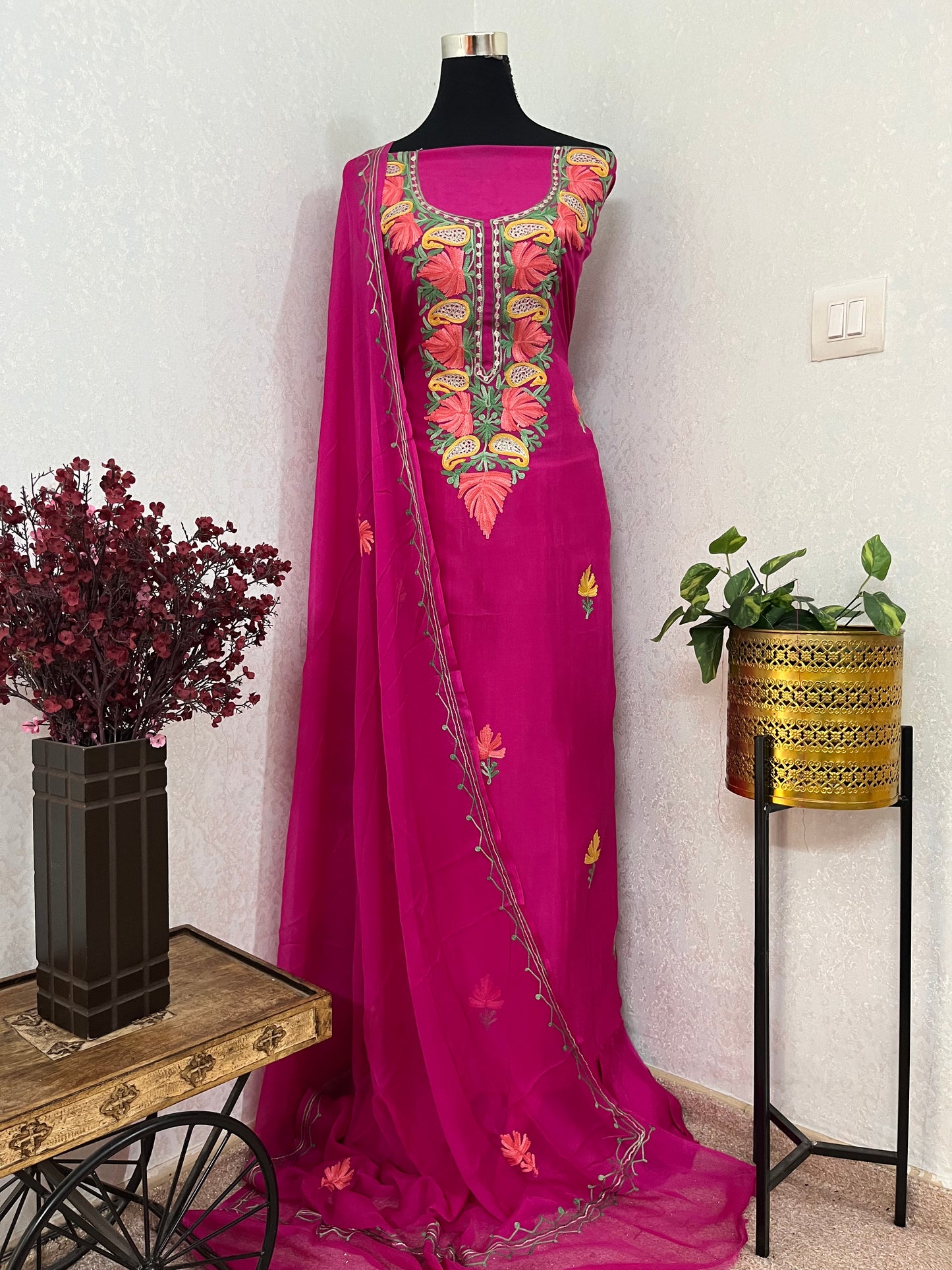 Hot Pink Opada Silk Kashmiri Suits
