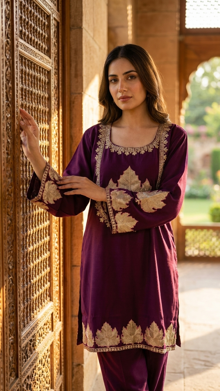 Wine Woollen Kashmiri Co-Ord Set ( Size 44)