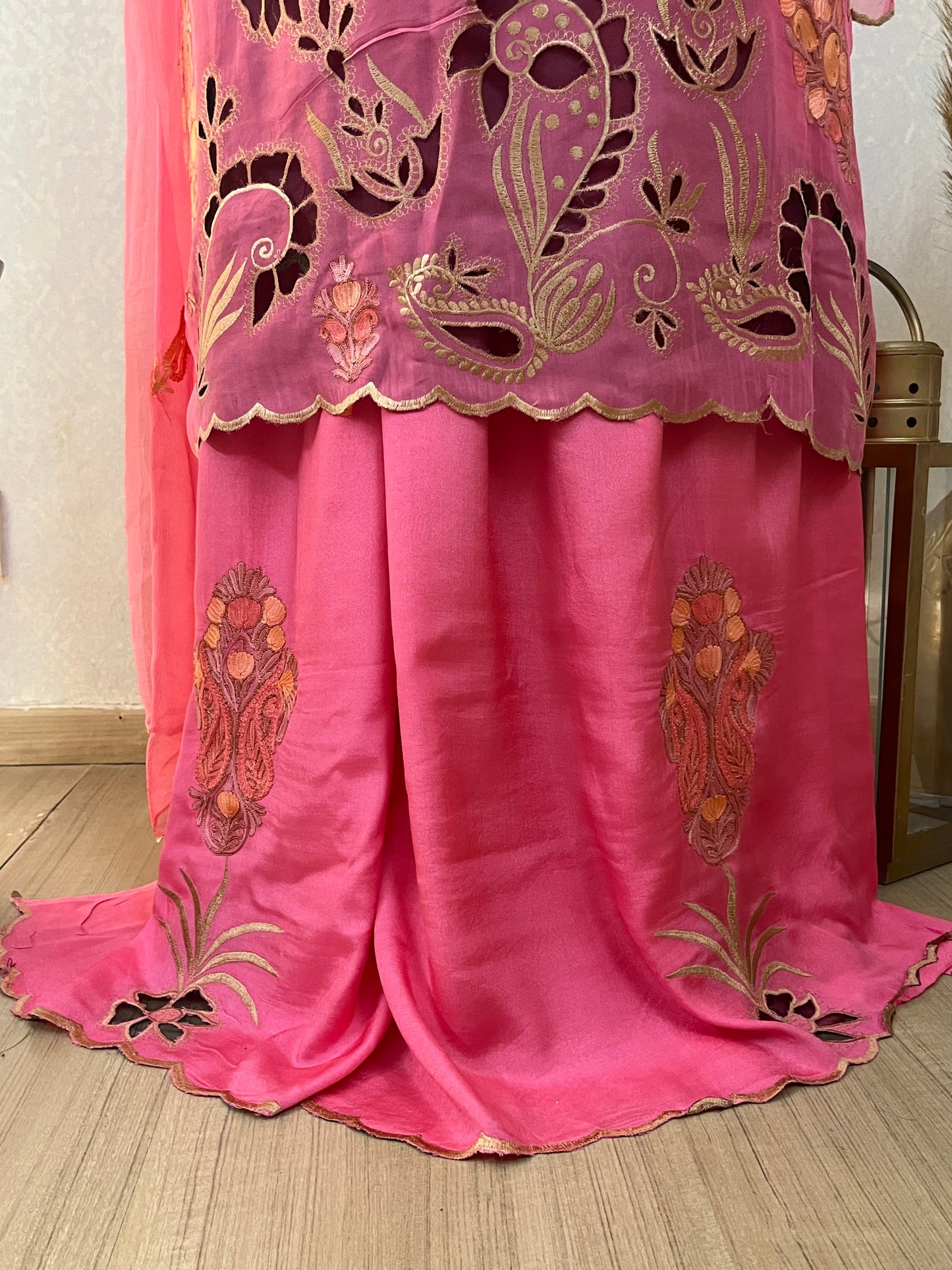 Pink Pure Organza Cut Work Kashmiri Suit