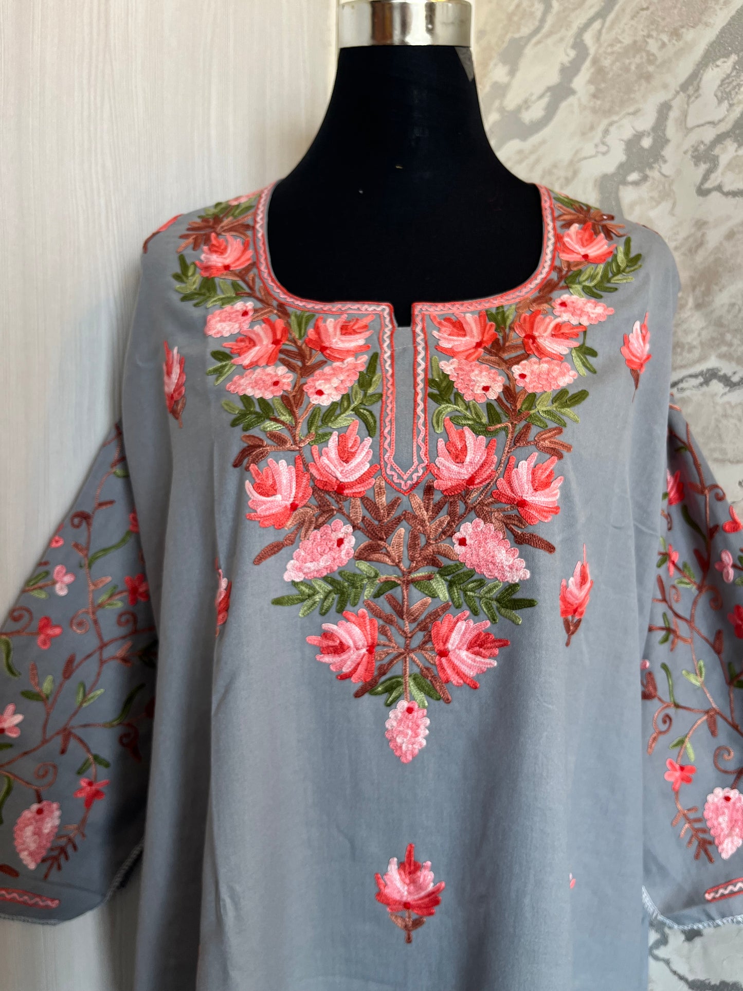 ‘Bageecha’ Blu Grey Cotton Semi Stitched Cream Aari Work Kurti