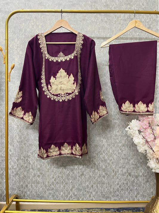 Wine Woollen Kashmiri Co-Ord Set ( Size 44)