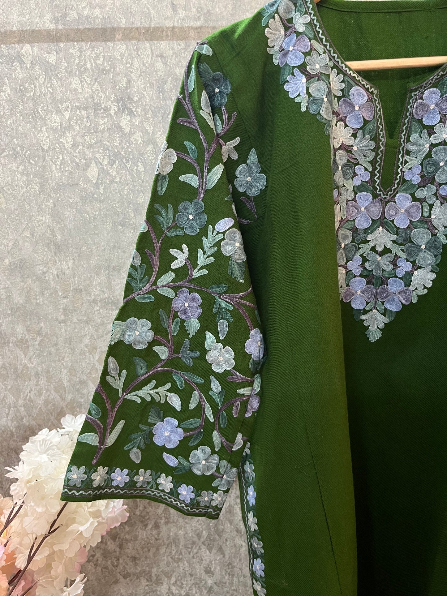 Henna Green Aari Embroidered Wool Pheran