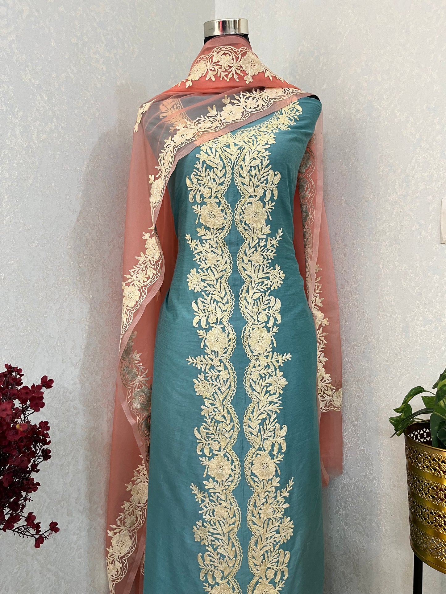 Soft Blue Chanderi Silk Kashmiri Suit