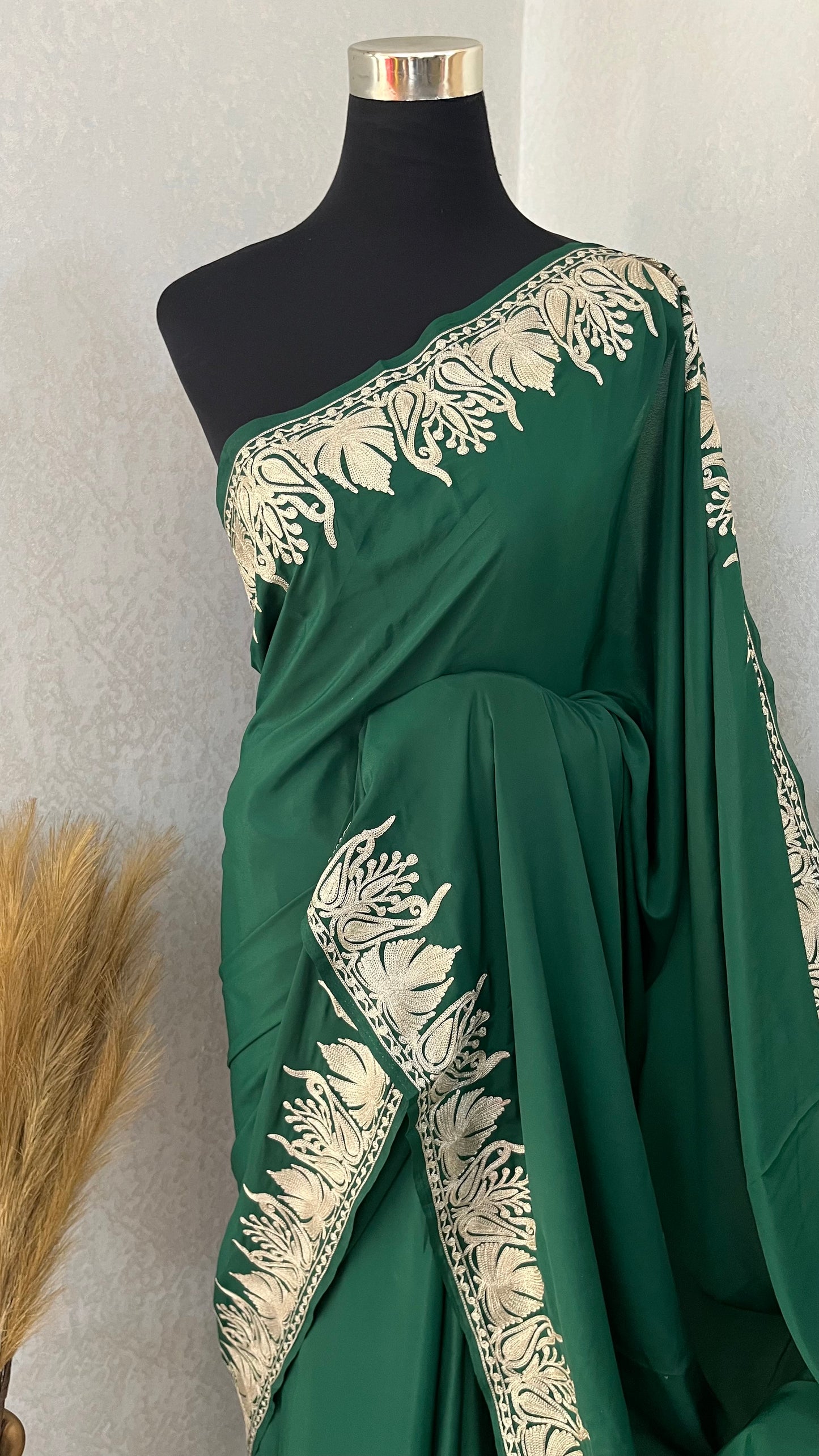 Soft Green Crape Kashmiri Tilla Saree