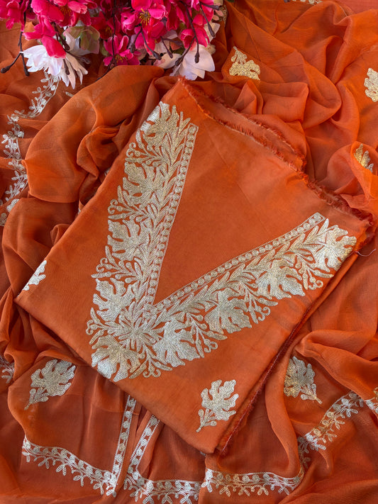 Soft Orange Sanam’ Silk Tilla Kashmiri Suit