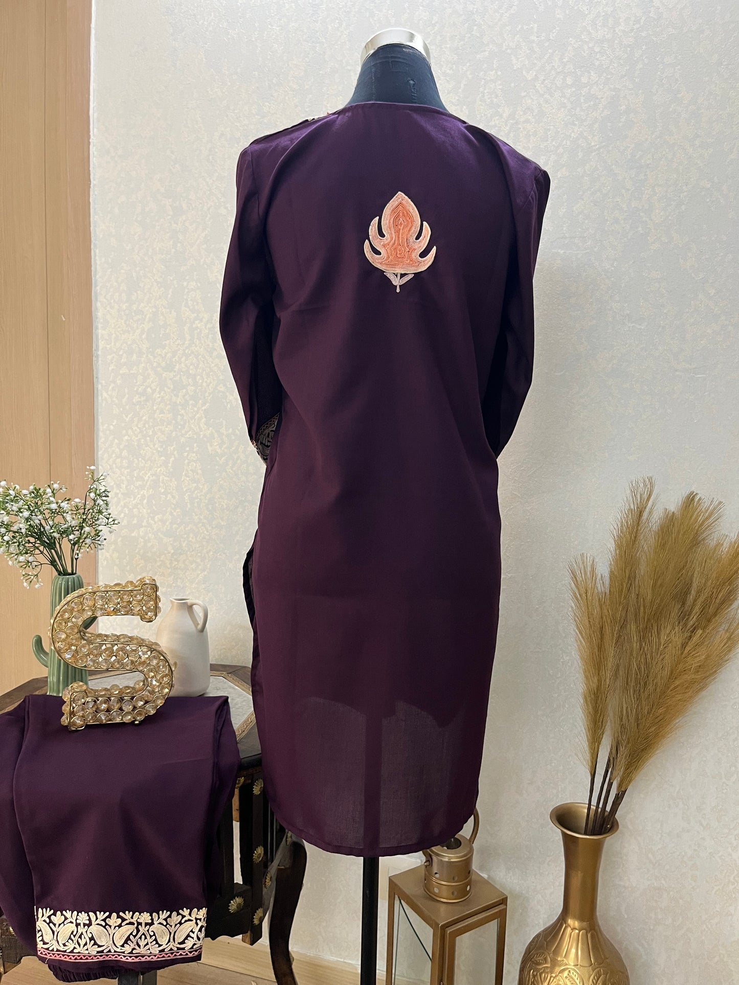 Wine Cotton Embroidered Co-ord Set(38)