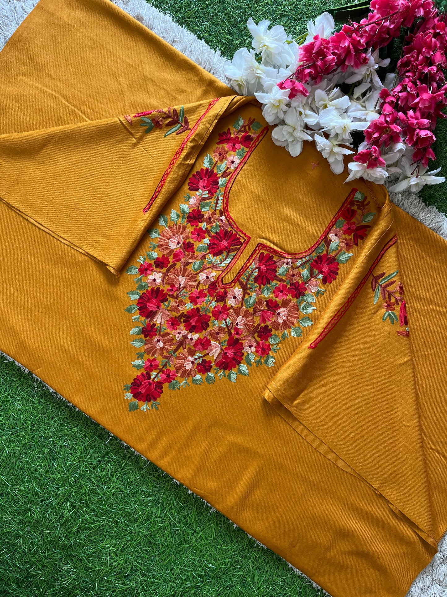 Golden Yellow Woollen Aari Embroidered 2pc suit 5mtr