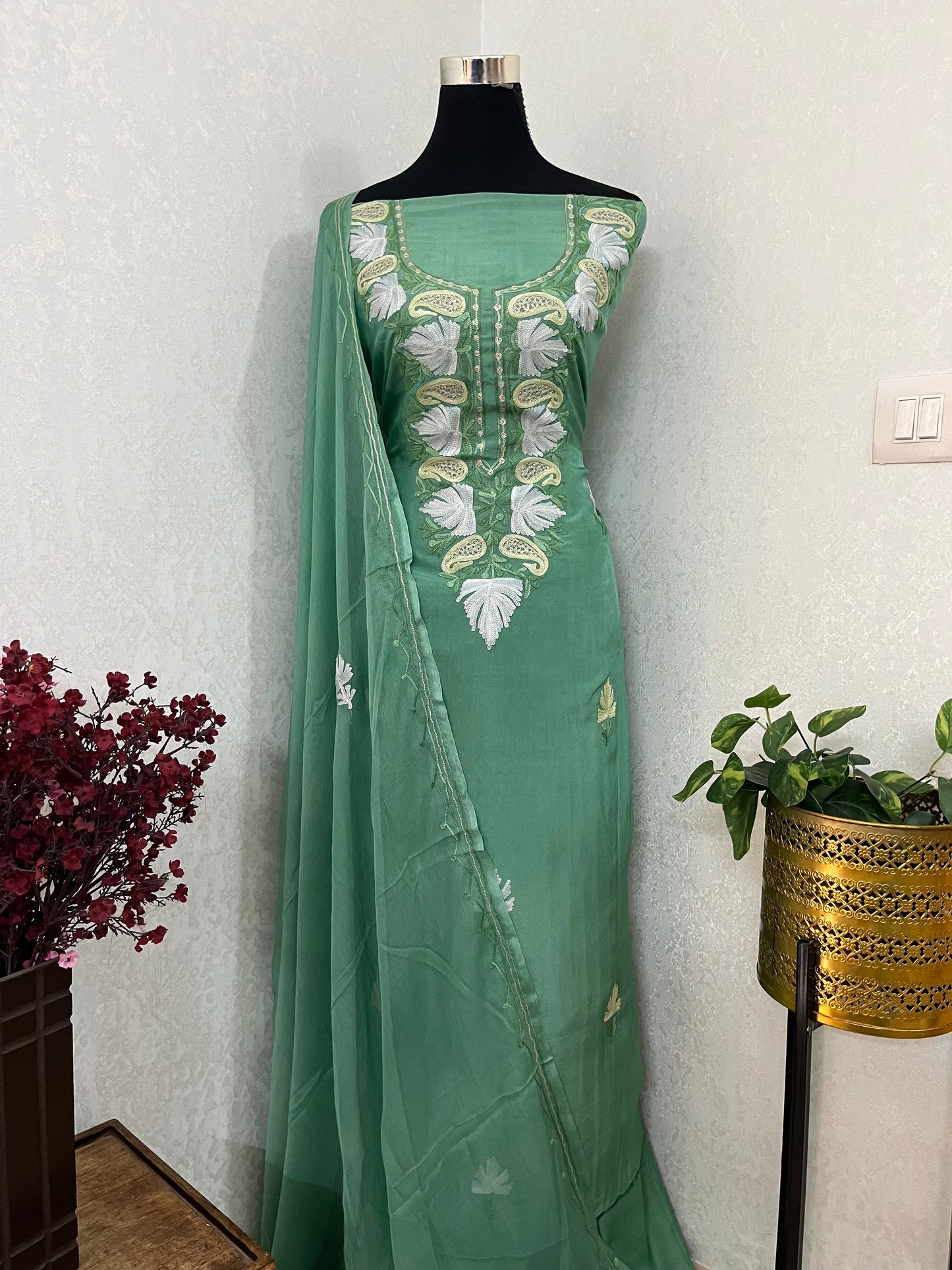 Pastel Green Opada Silk Kashmiri Suits