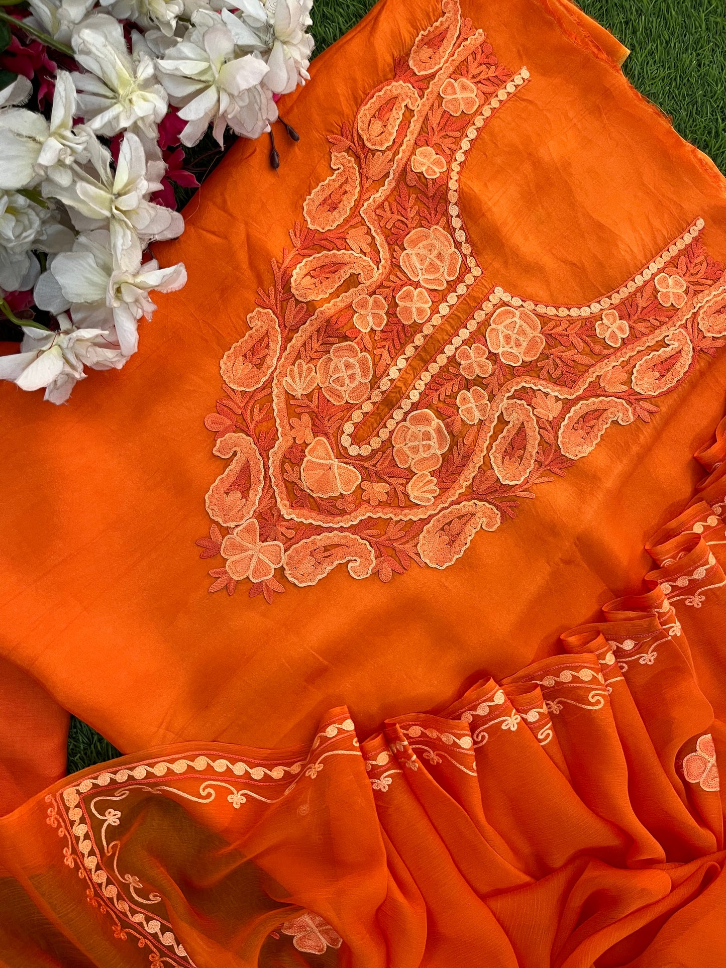 Orange Opada Silk Kashmiri Suit