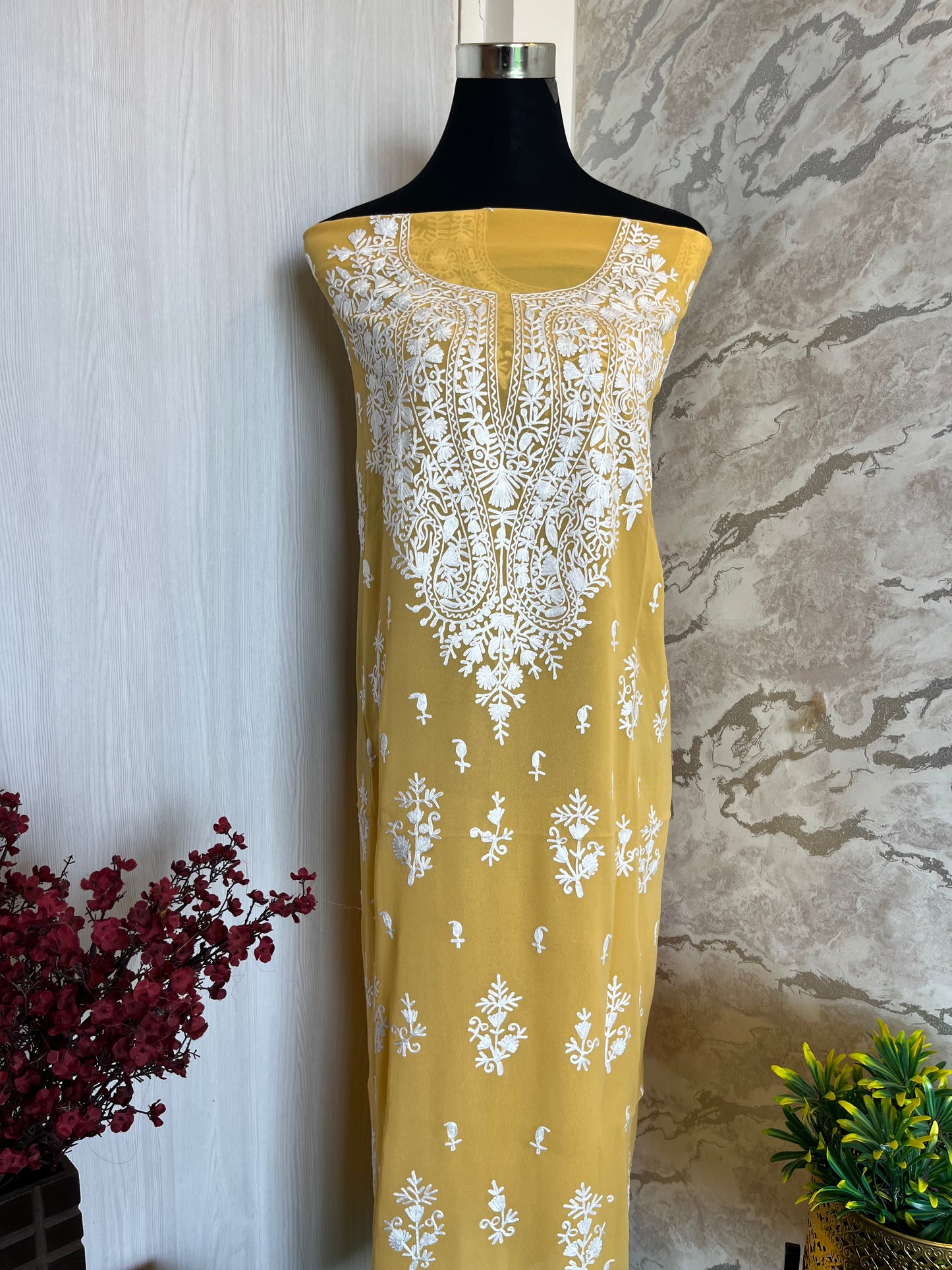 Georgette Yellow All over Work Aari Embroidered Unstitched Kurta Material