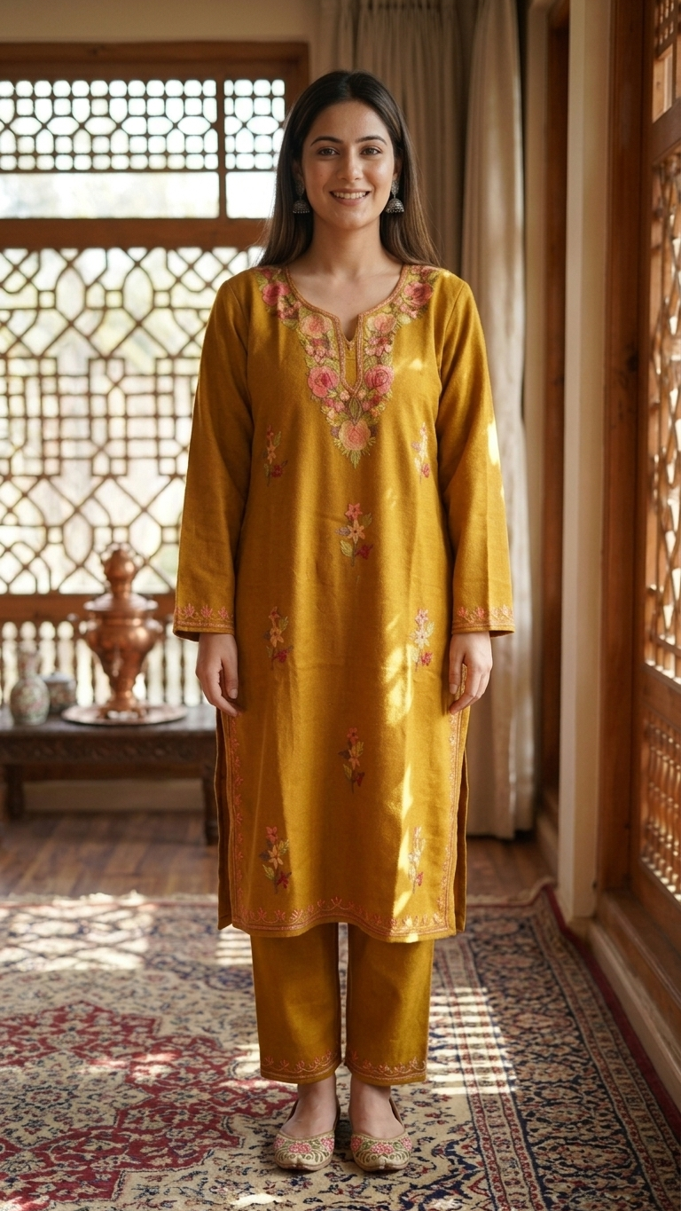 Mustard Woollen Kashmiri Co-Ord Set ( Size 42)