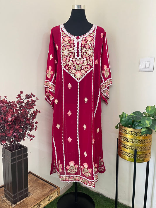 Hot Pink Georgette All over Work Aari Embroidered Unstitched Kurta