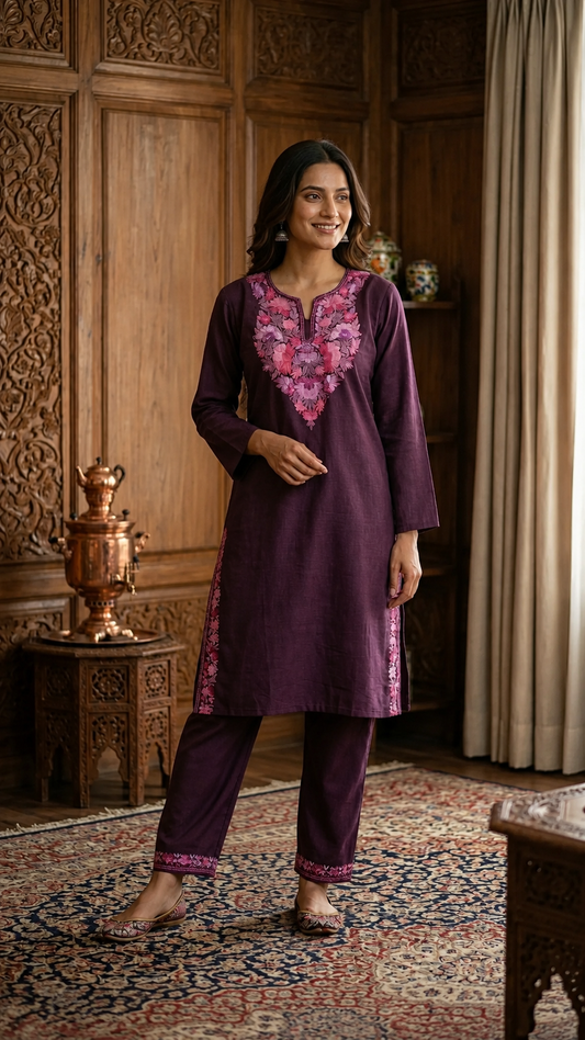 Wine Cotton Stitched Co-ord Set (42)
