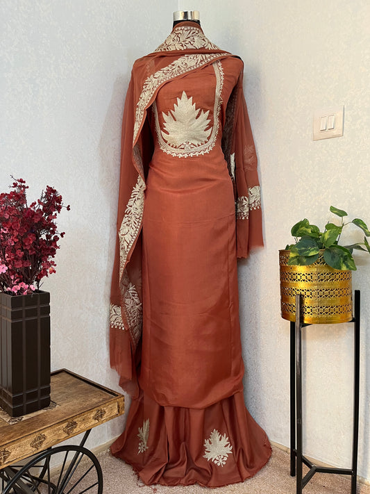 Dull Orange Sanam’ Tilla Kashmiri Silk Suit