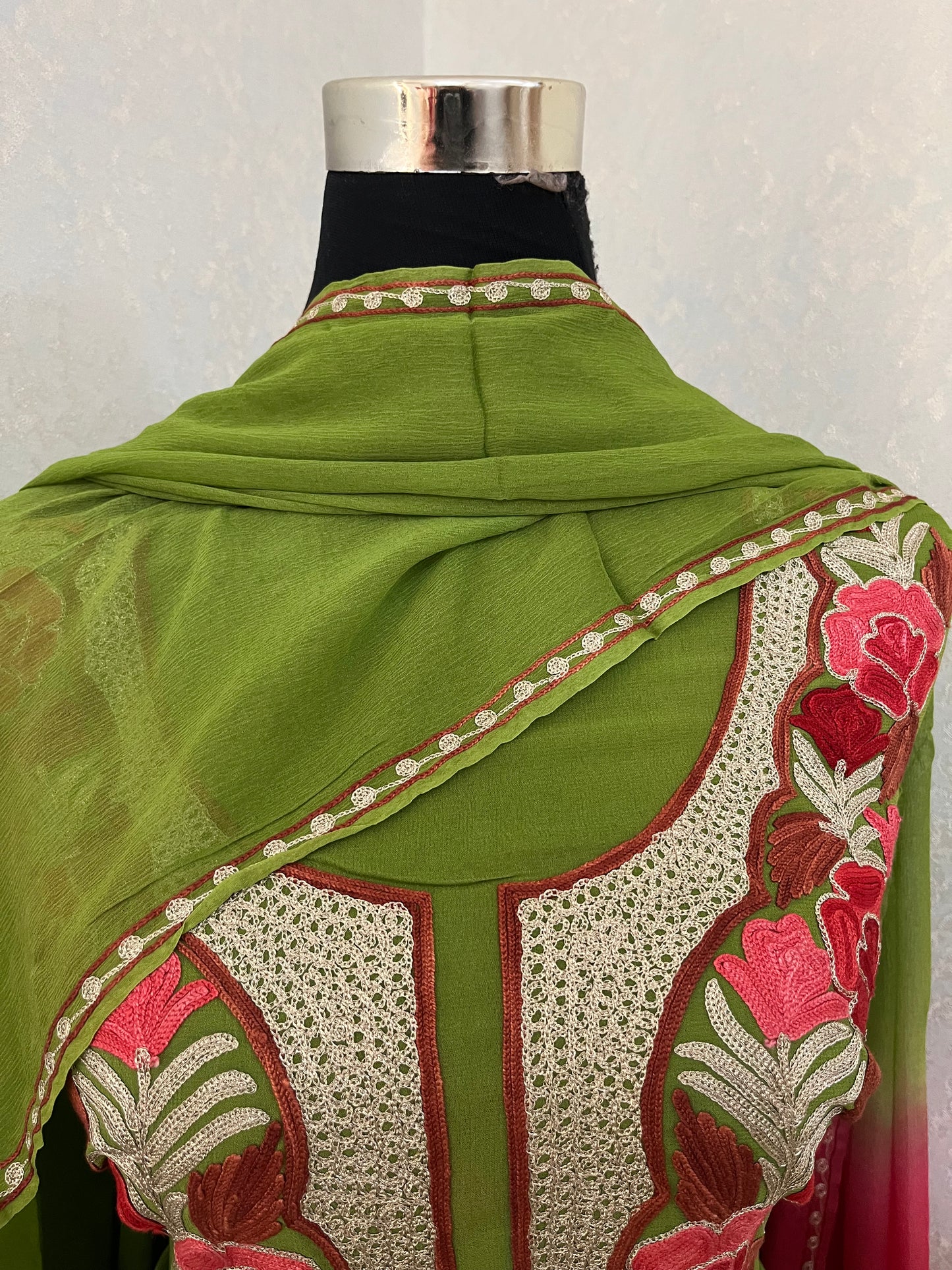 Green Pure Georgette Double Shade Kashmiri Suit