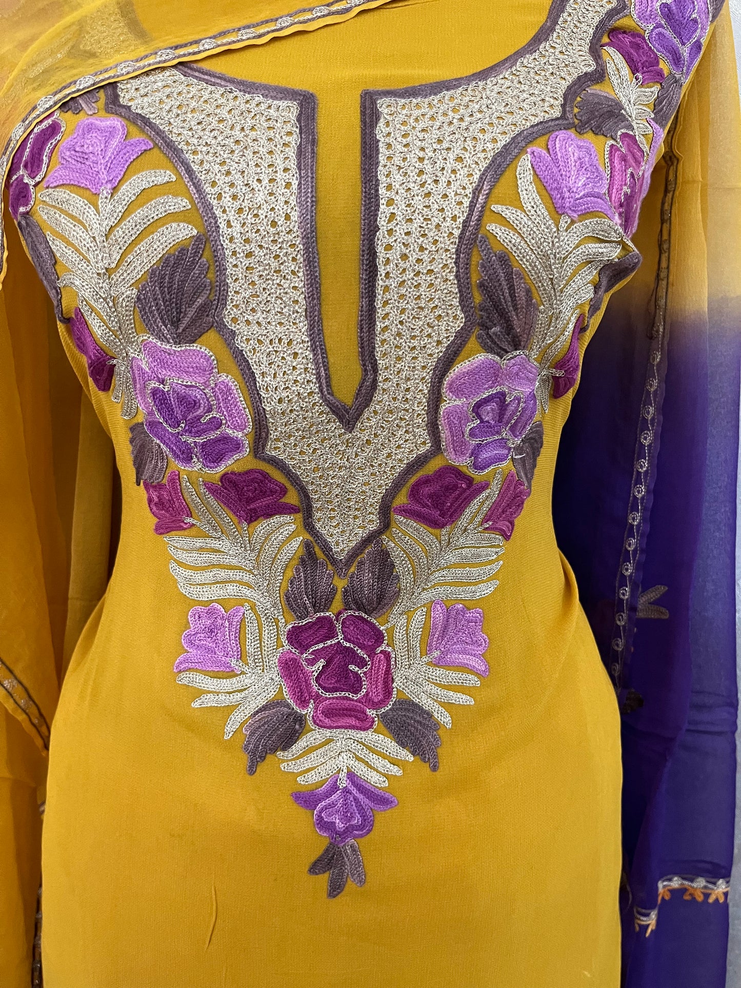 Yellow Pure Georgette Double Shade Kashmiri Suit