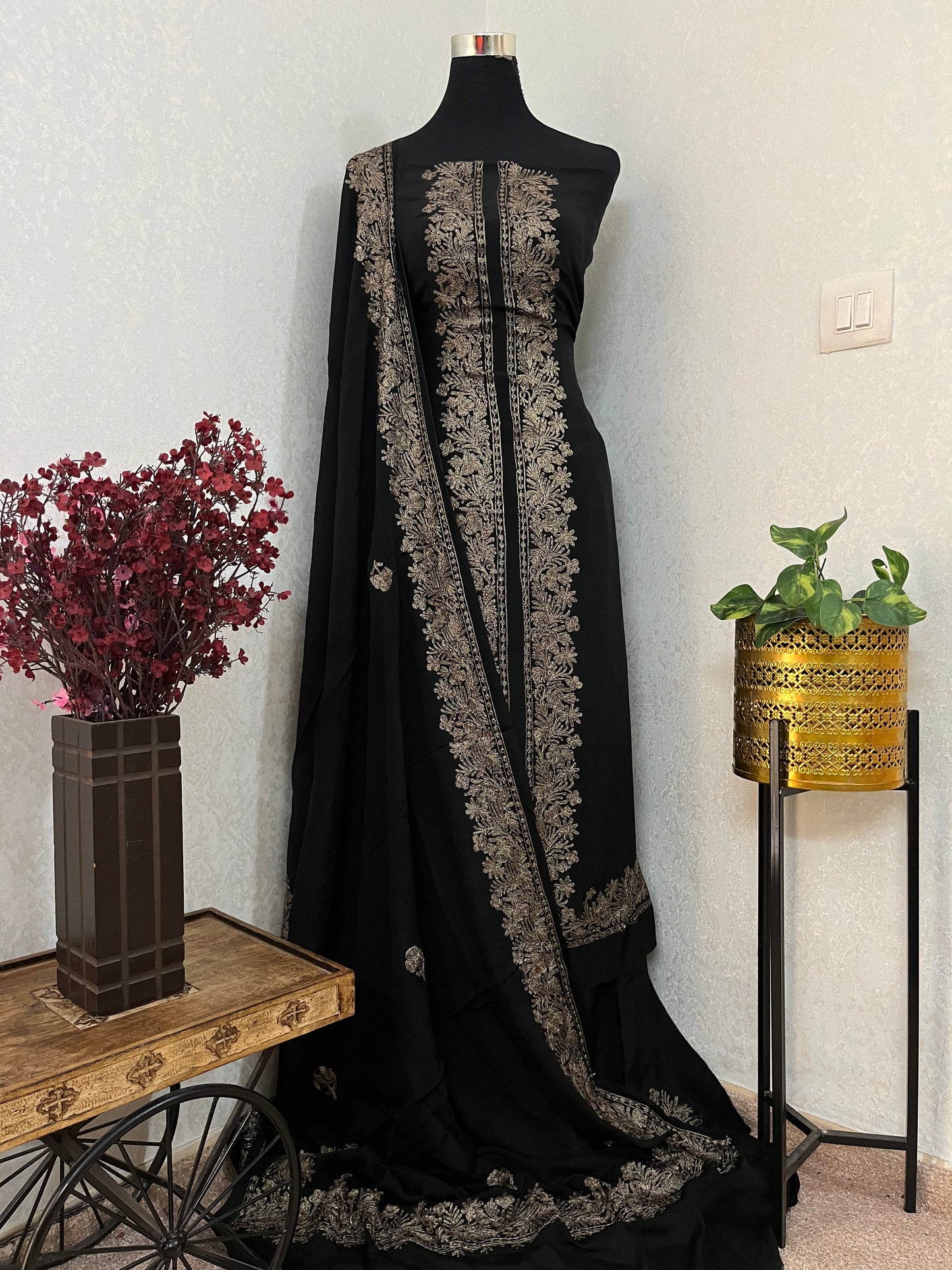 Black Kalaa’ Crape Jacket Style Kashmiri Suit