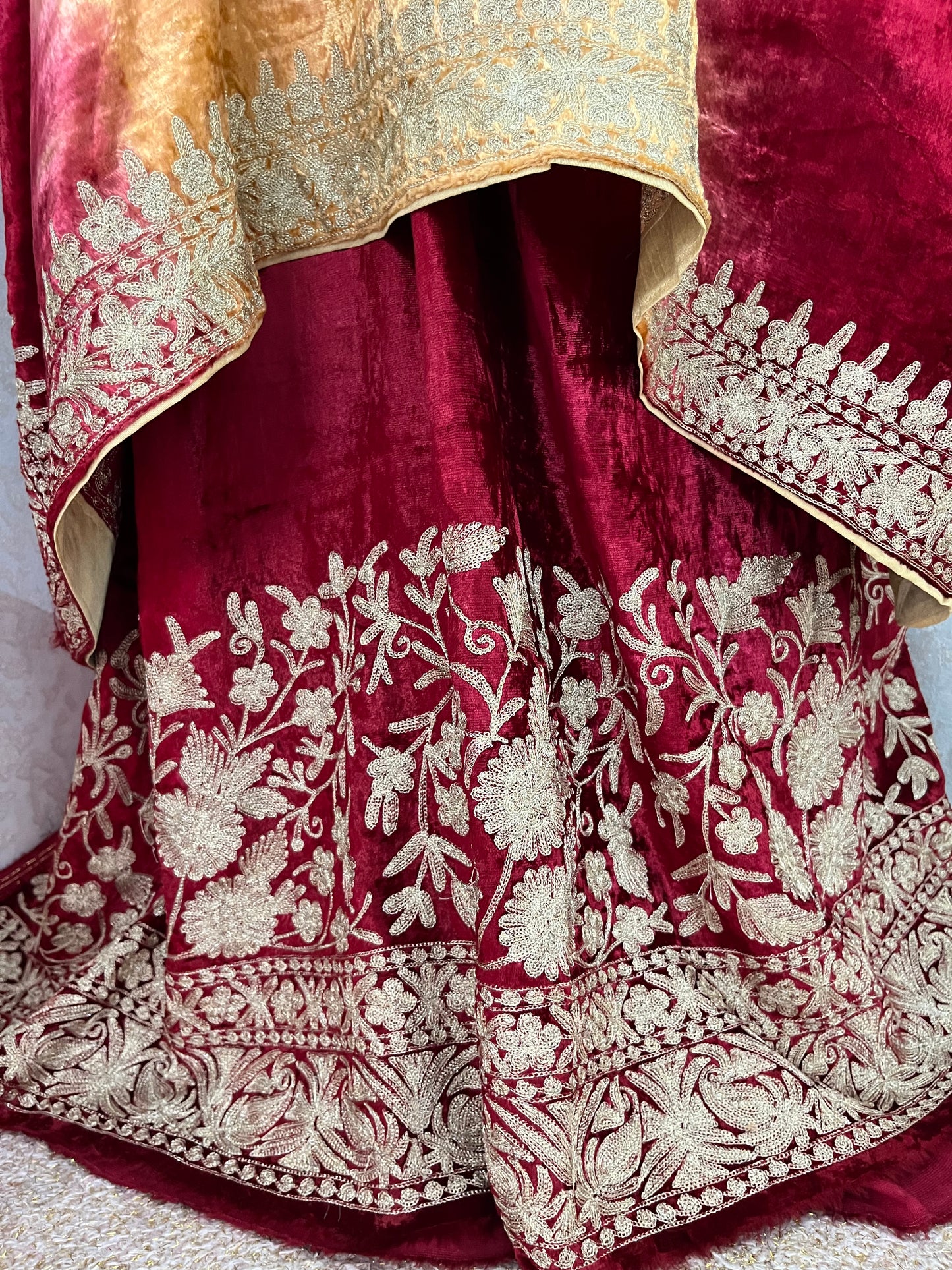 Gold Tilla Embroidered Pure Makhmal Kashmiri Kaftan Set