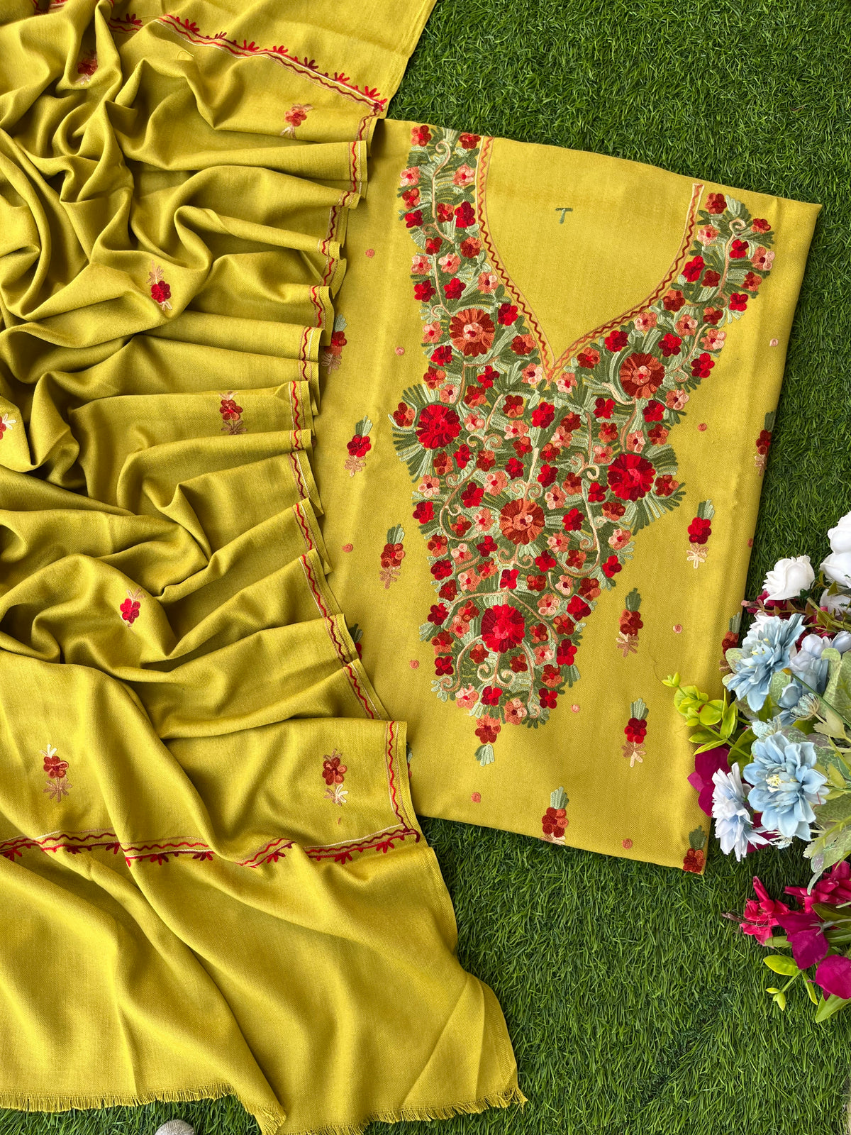 Lime Green Woollen Aari Embroidered 3pc suit