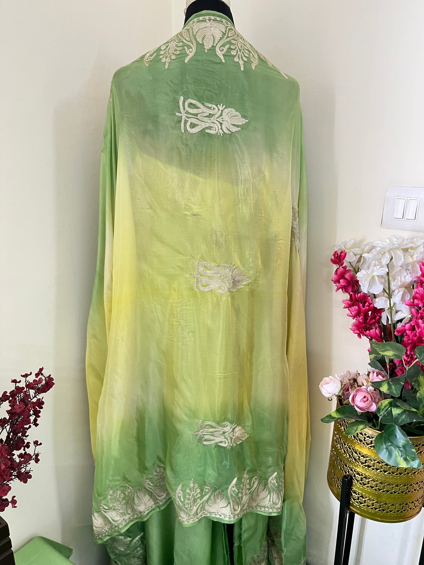 Sanam Pista Green Silk Kashmiri Suit