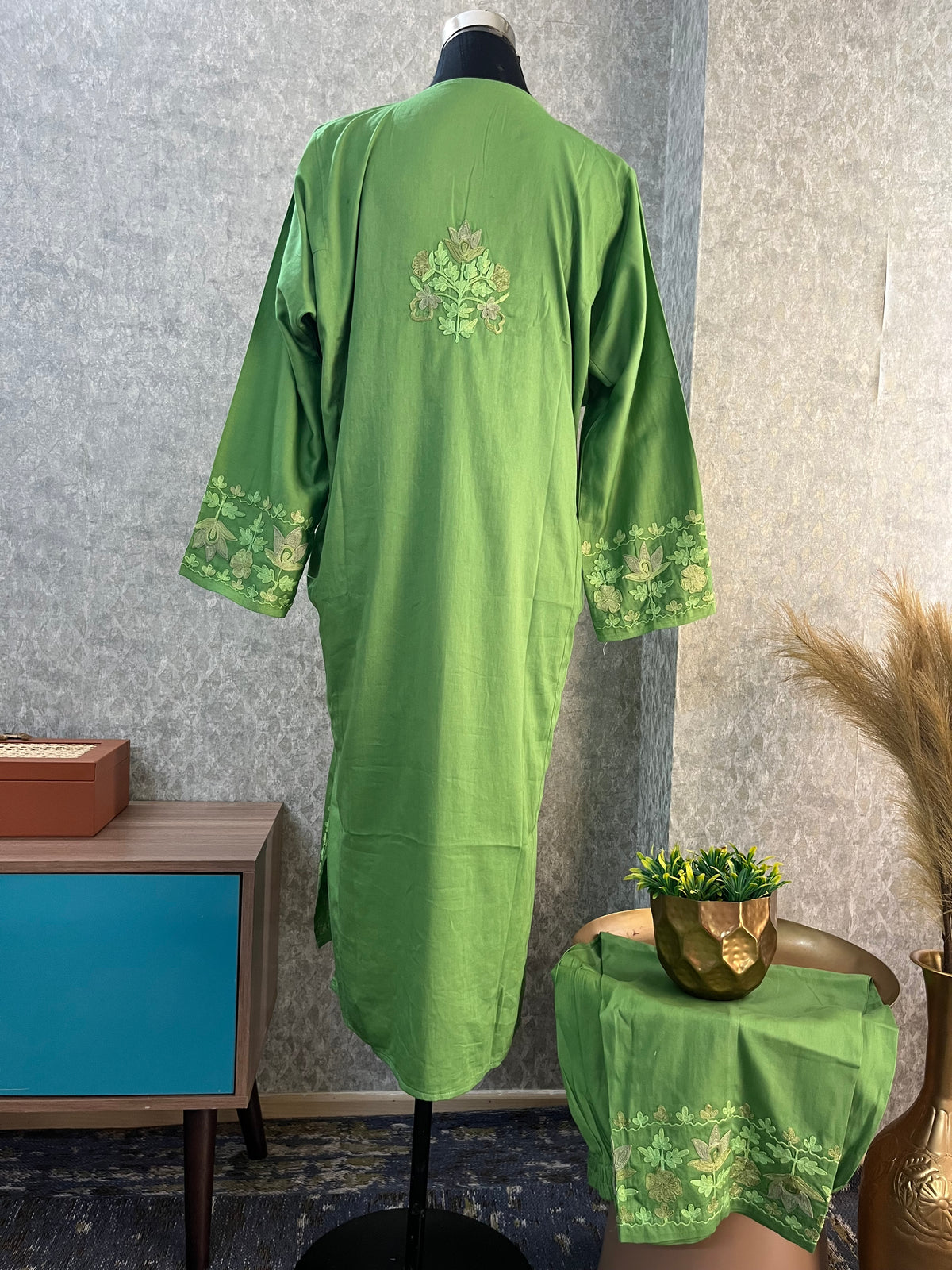 Lawn Green Cotton Front Jaal Pheran Set  Size(44)