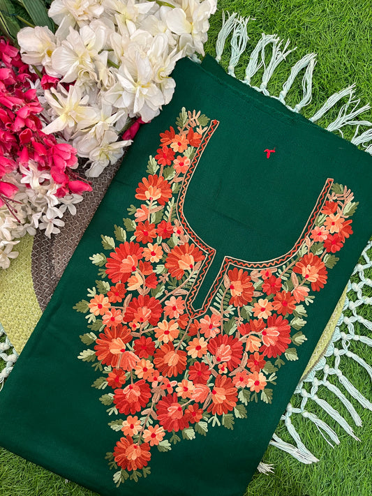 Bottle Green Woollen Aari Embroidered 2pc suit 5mtr