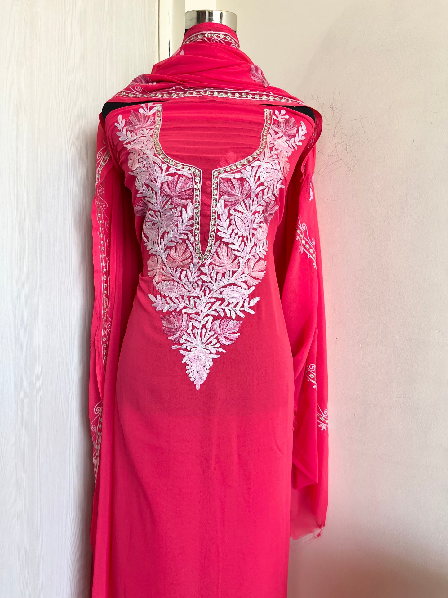 Pink Georgette Shirt and Dupatta Aari Embroidered Suit