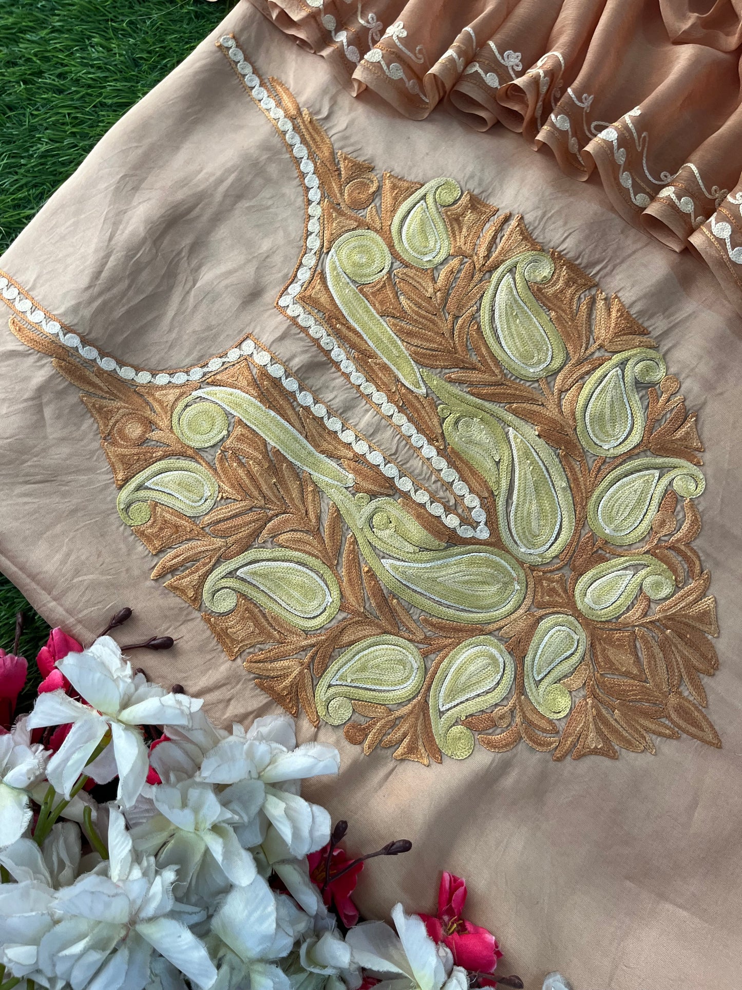 Beige Opada Silk Kashmiri Suit