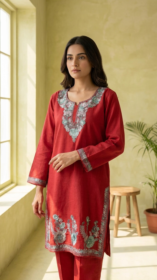 Red Cotton Stitched Co-ord Set (40)