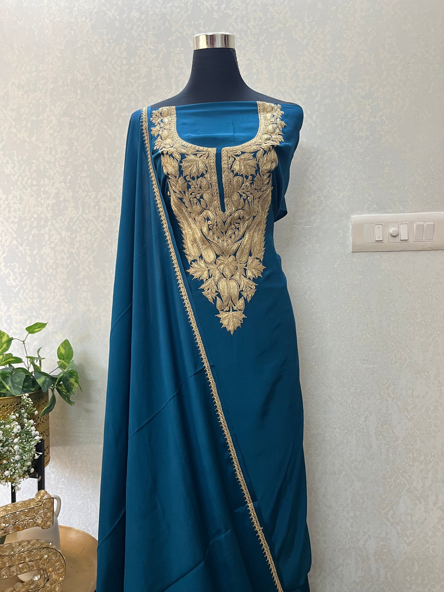 Peacock Blue Crape Kashmiri Suit
