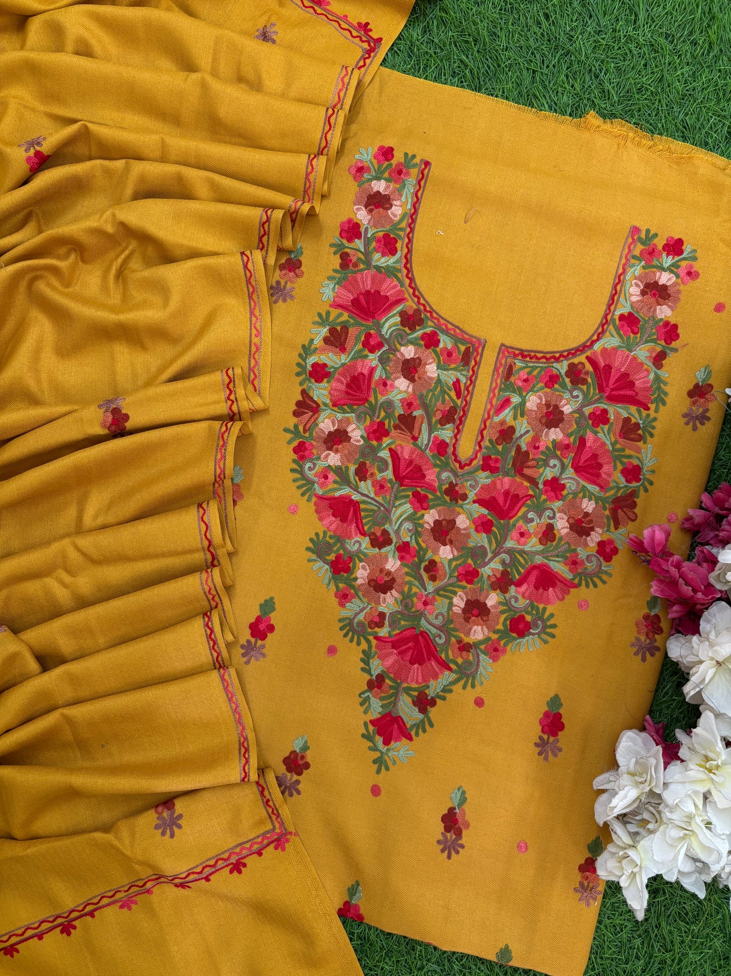 Golden Yellow Woollen Aari Embroidered 3pc suit