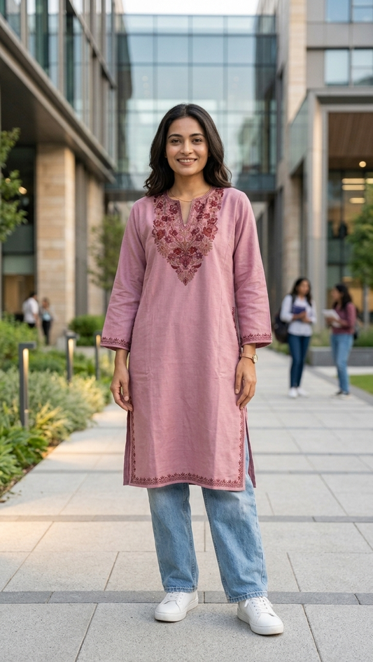 Pink Aari Embroidered Wool Pheran