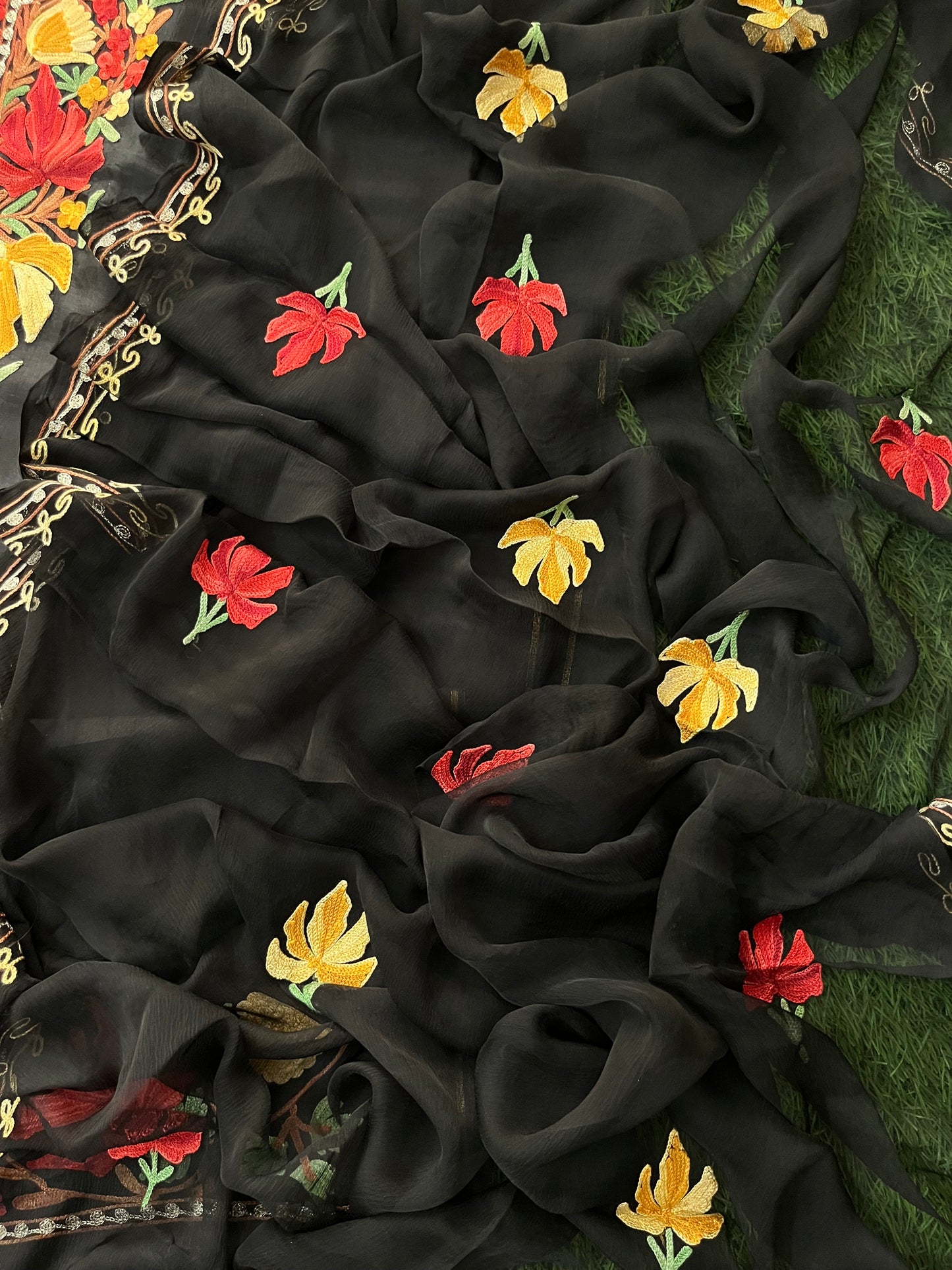 Black Opada Silk Aari Embroidered Suit material