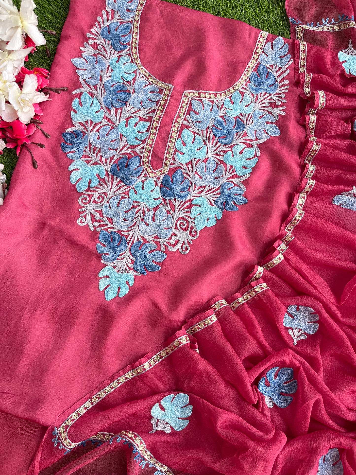 Onion Pink Opada Silk Kashmiri Suits