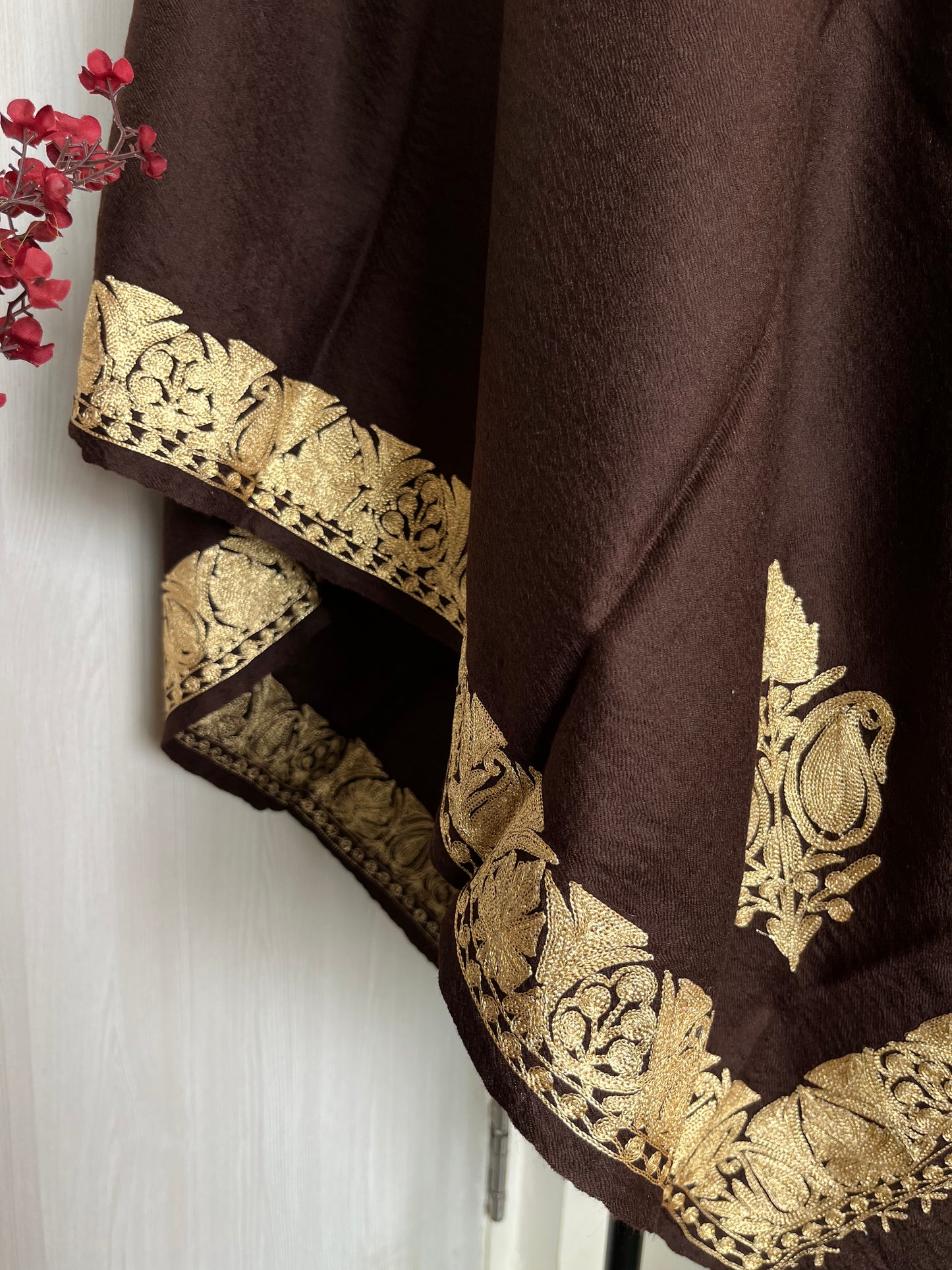 Coffee Brown Fine Semi Pashmina Tilla Embroidered stole