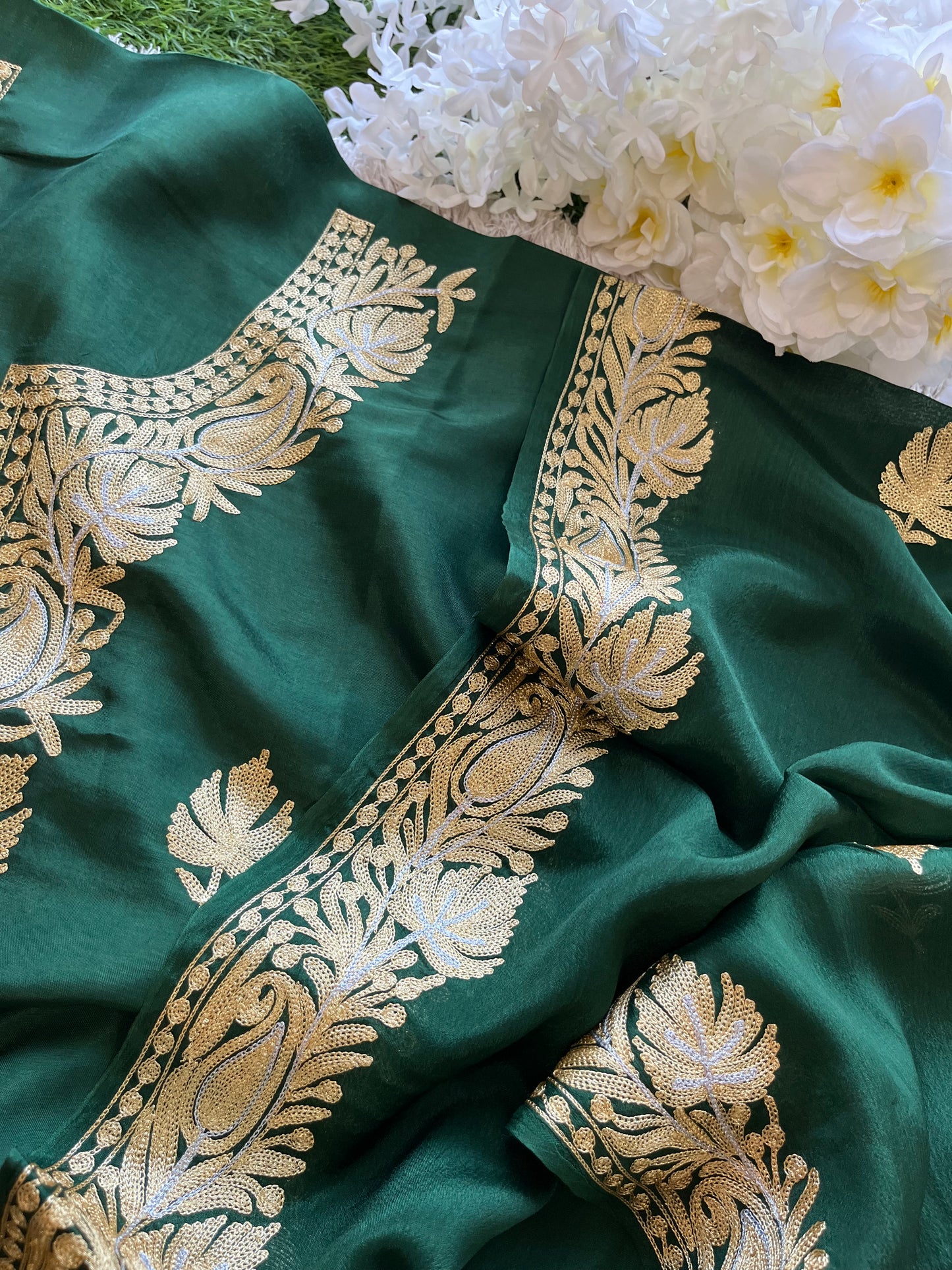 ‘Kalaa’ Forest Green Opada Silk Tilla Embroidered Suit material (on order)