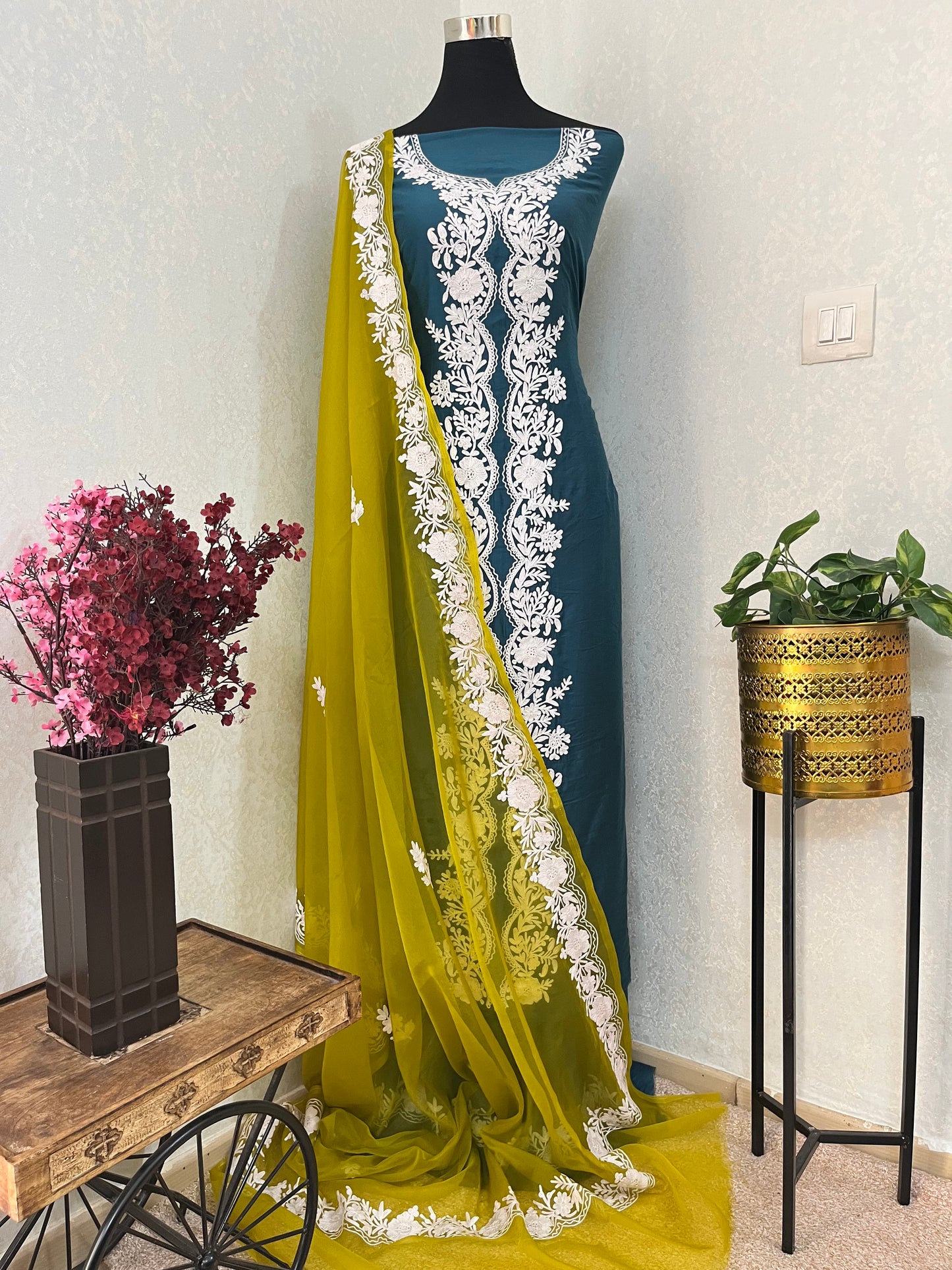 Teal Blue Chanderi Silk Kashmiri Suit