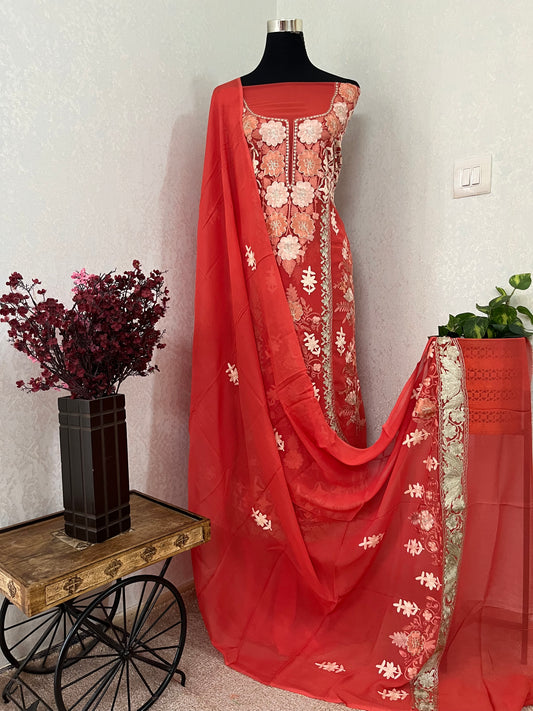 Soft Peach Pure Georgette 3 Pc Heavy Kashmiri Suit