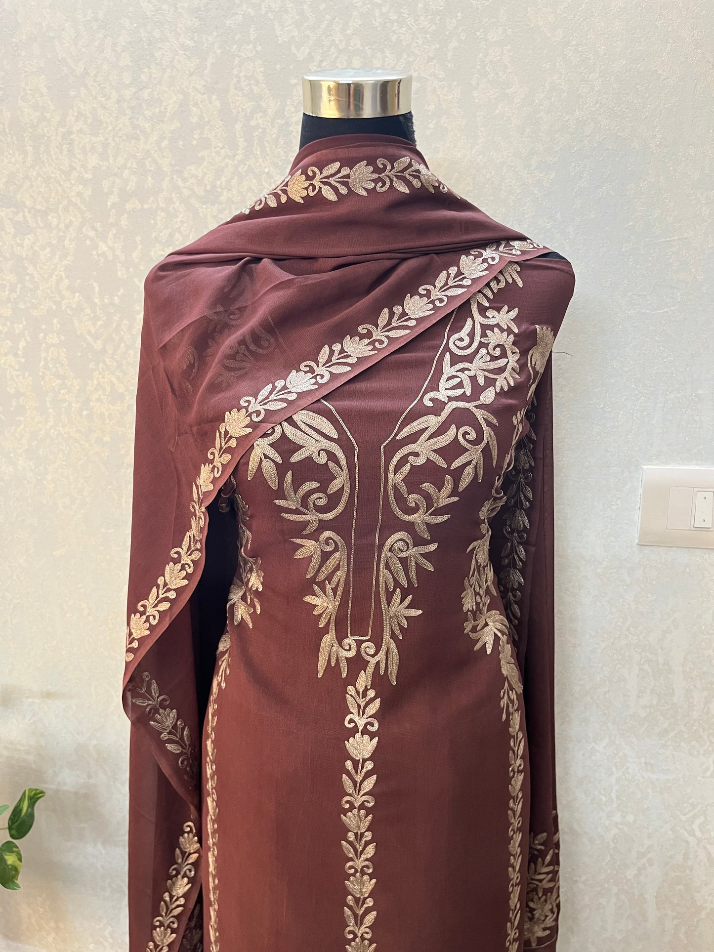 Brown Pure Georgette Oxidised Tilla Kashmiri Suit