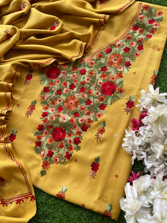 Yellow Woollen Aari Embroidered 3pc suit
