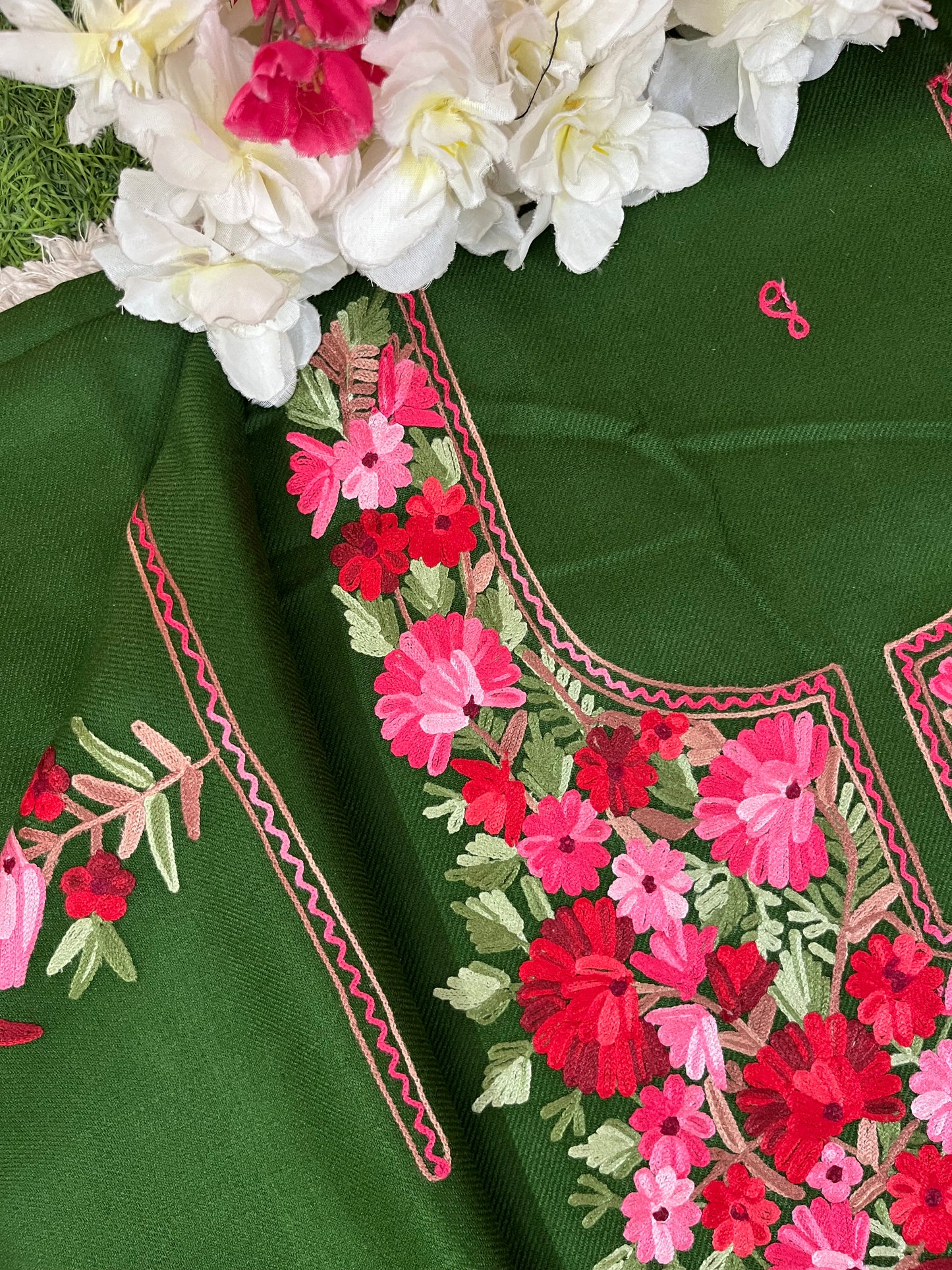 Henna Green Woollen Aari Embroidered 2pc suit 5mtr