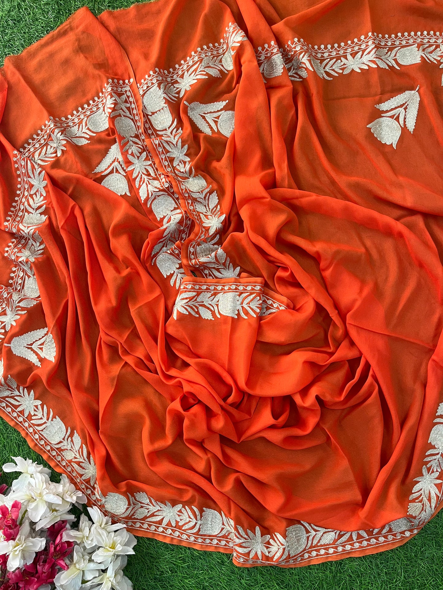 Kalaa’ Orange Crape Kashmiri Suit