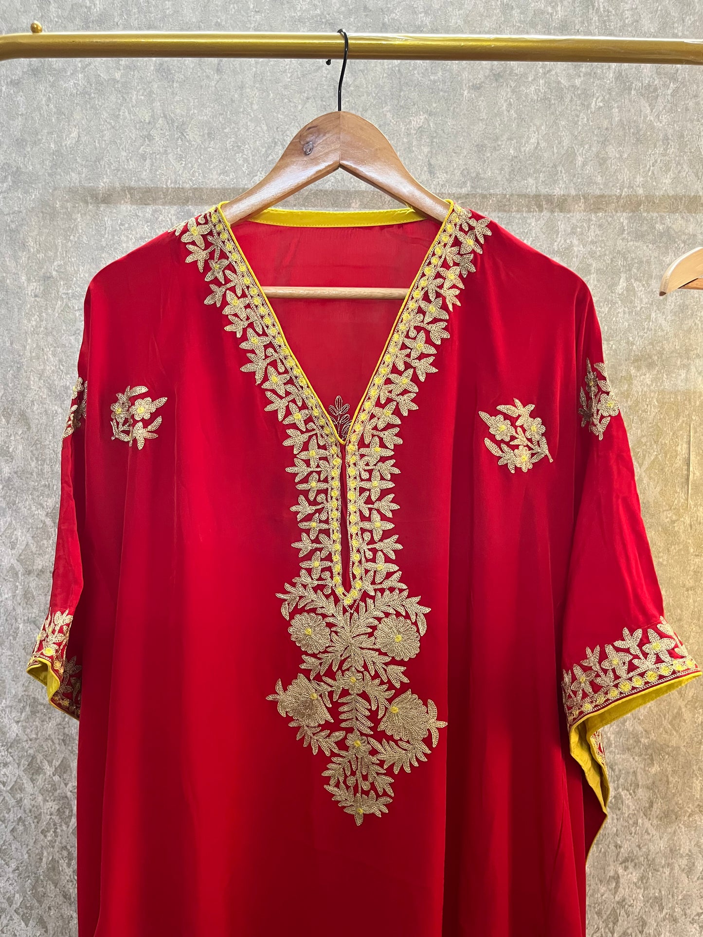 Red Crape Kashmiri Kaftan Set size (44)