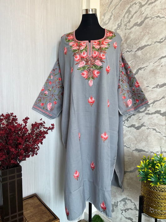 ‘Bageecha’ Blu Grey Cotton Semi Stitched Cream Aari Work Kurti