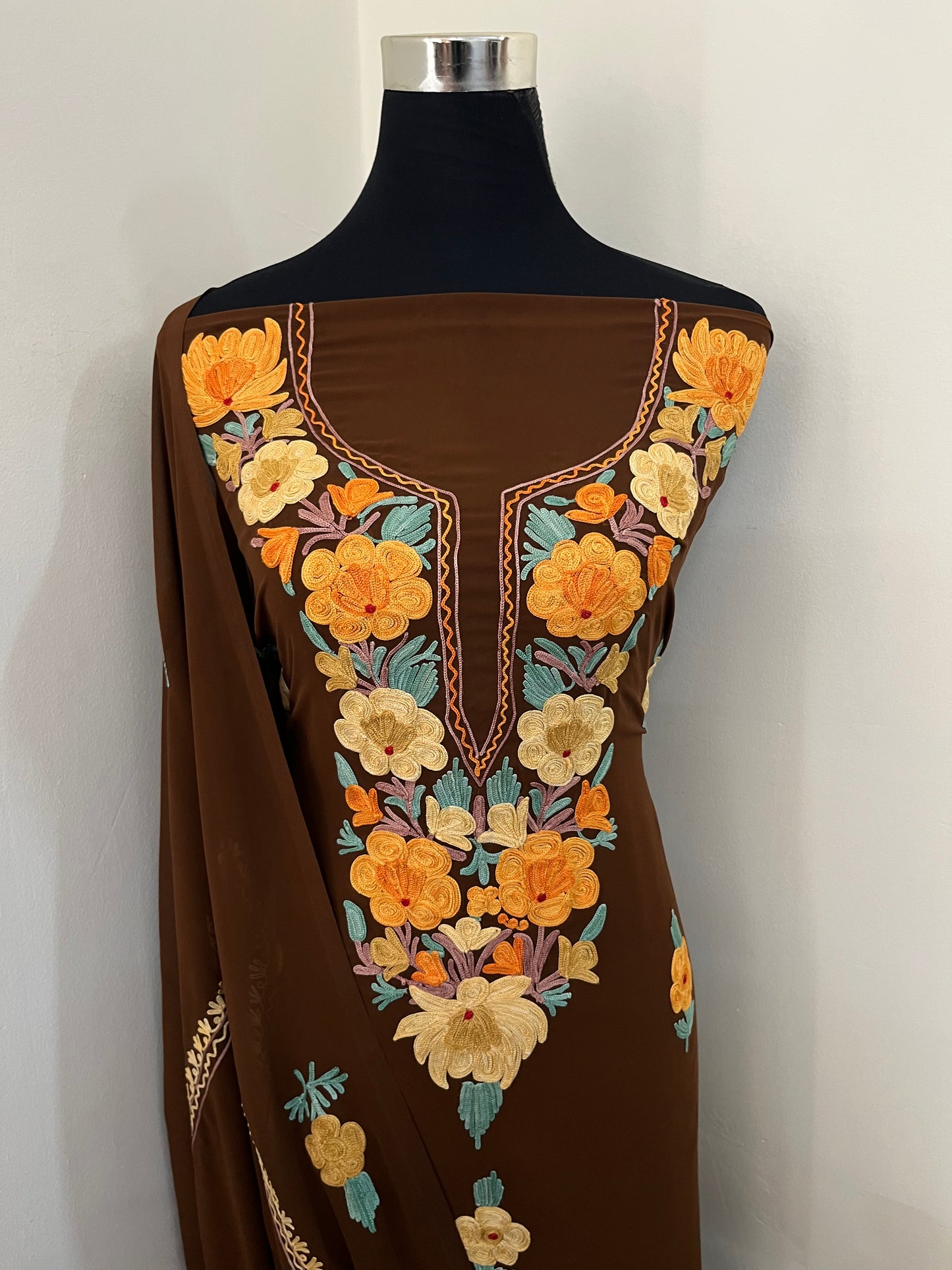 Coffee Georgette  3 Pc Aari Embroidered Suit
